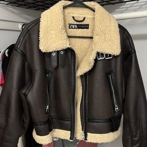 ZARA Dark Brown Faux Leather Aviator Jacket with Cream Sherpa